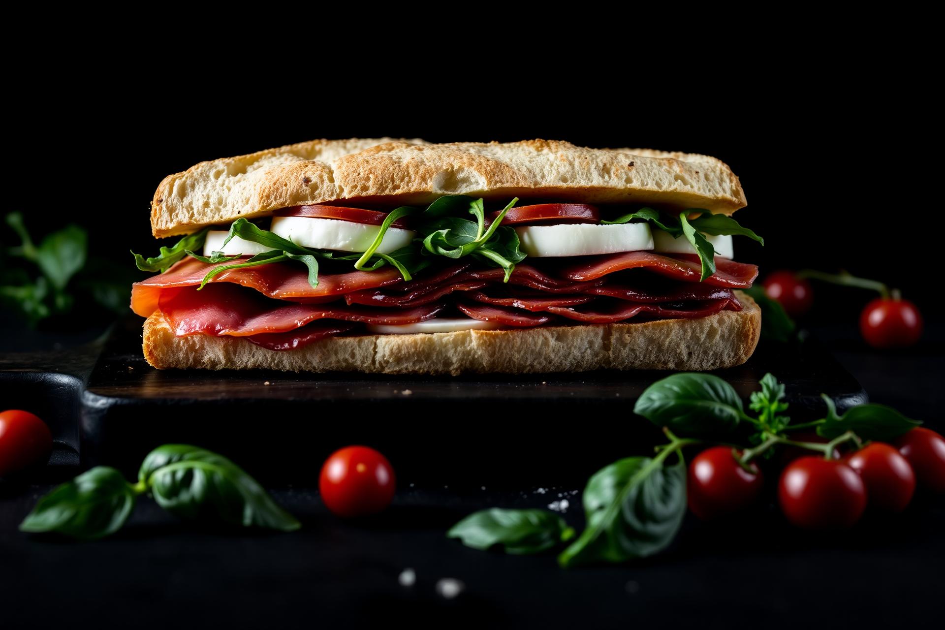 Italian sandwich with prosciutto, mozzarella and arugula on ciabatta